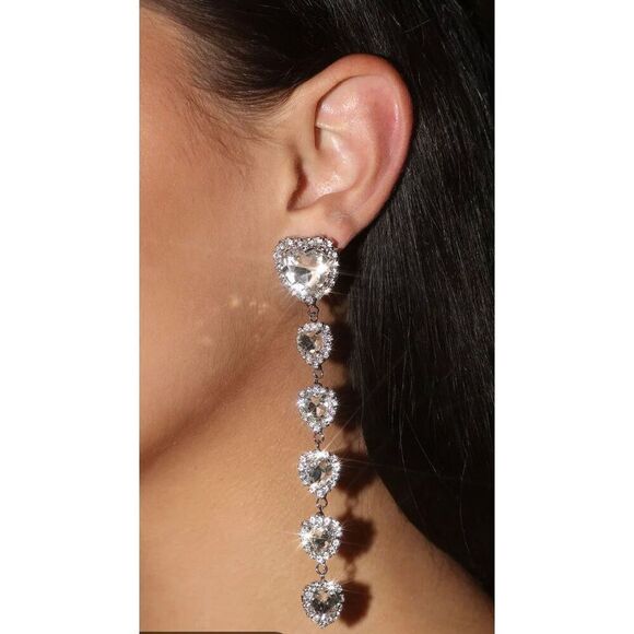 Boho Long Heart Full Diamond Dangle Earrings Sparkling Statement Rhinestone Drop - Picture 9 of 9